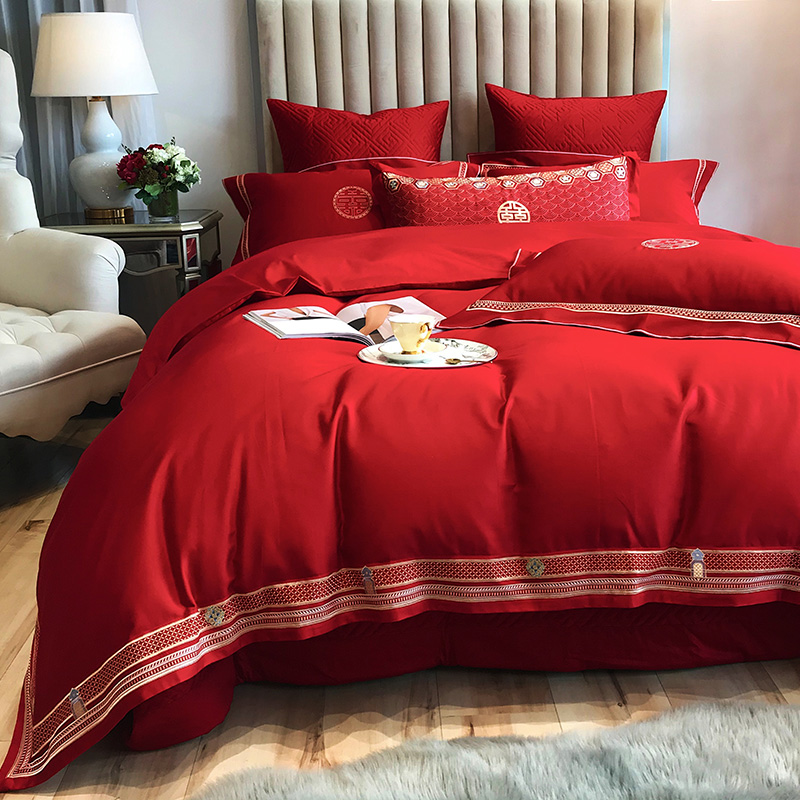 Pure cotton four pieces type 100 All cotton big red wedding celebration by upscale atmosphere minimalist wedding quilt cover bedding 4
