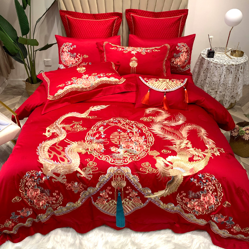 Chinese Wedding Celebration Four Pieces 100s Total Cotton Italy Imports High Precision Embroidered Pure Cotton Jacquard Egypt Long Suede Cotton