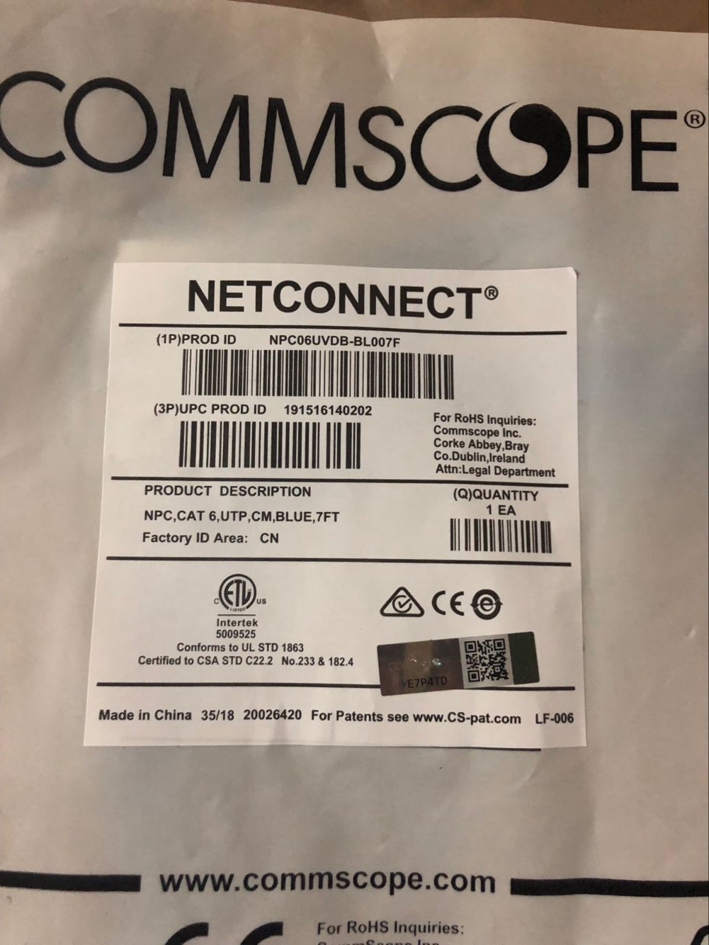 Original Commscope NPC06UVDB-BL007F CAT6 2m jumper network computer Gigabit network cable jumper