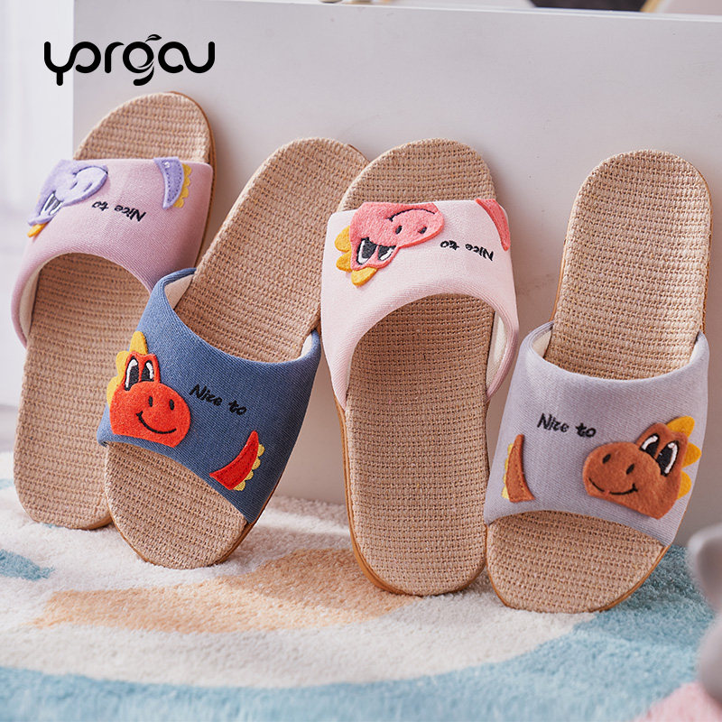 Yuangang linen slippers children summer boys cute cartoon indoor non-slip slippers girls home with four seasons