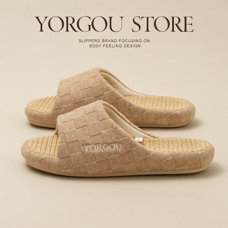 Yuangang Linen Slippers for Women, Indoor Home Use, All Seasons, Non-Slip, Odor-Resistant, Fabric, Sweat-Absorbent, Cotton-Linen, Wooden Floor, Men, Spring and Autumn