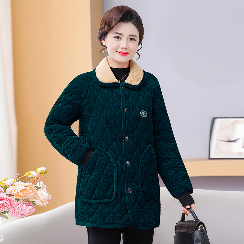 Middle-Aged and Elderly Women's Clothing, Mother's Clothing, Mid-Length Cotton Coat with Lapel, Fleece-Lined, Thickened, Warm, Stylish, Fashionable, Plus-Size Cotton Jacket