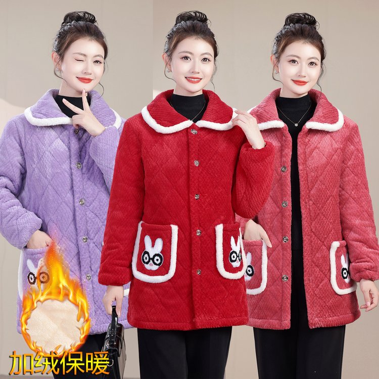 Rabbit-Themed Anti-Dirt Smock with Lapels, Mid-Length, Fleece-Lined and Thickened, for Middle-Aged Women, Suitable for Home Wear and Work, Warm Cotton Jacket Rabbit-Themed Anti-Dirt Smock with Lapels, Mid-Length, Fleece-Lined and Thickened, for Middle-Aged Women, Suitable for Home Wear and Work, Warm Cotton Jacket
