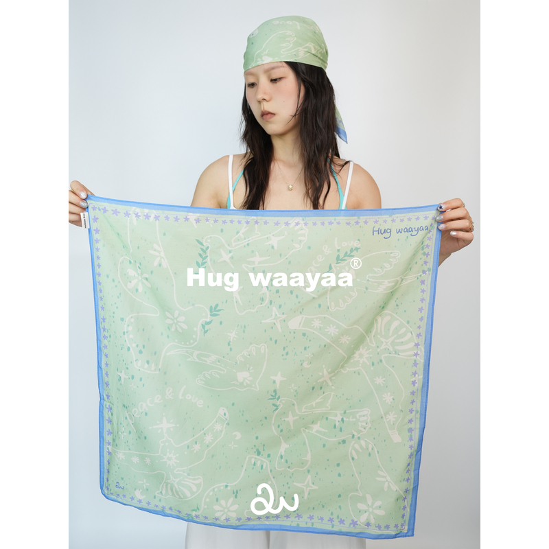 Hug Waayaa Original Hand-Painted Illustration Printed Silk Scarf [Green Field Peace Dove] Niche Fresh Square Scarf Headscarf