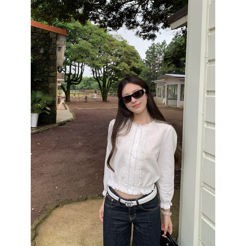Hhyii Gardenia White Tea White French Lace Trim Long-Sleeved Shirt for Women, Stylish and Versatile Short Top