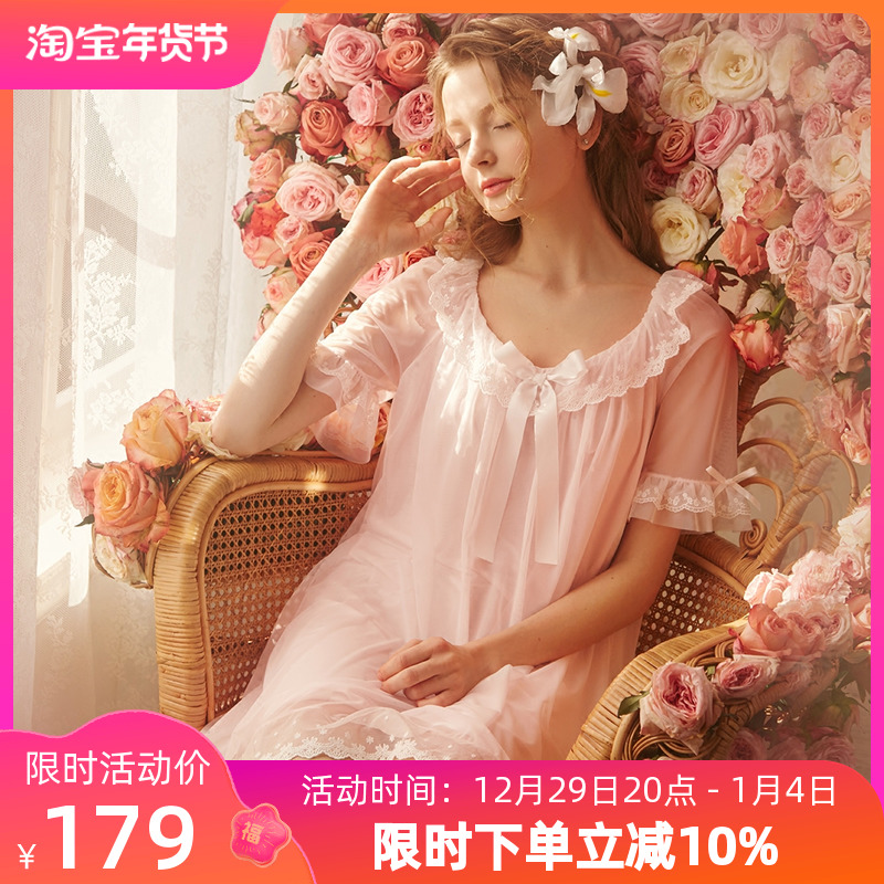 RoseTree palace nightdress female summer lace sexy pajamas cute retro princess ice silk short-sleeved home clothes