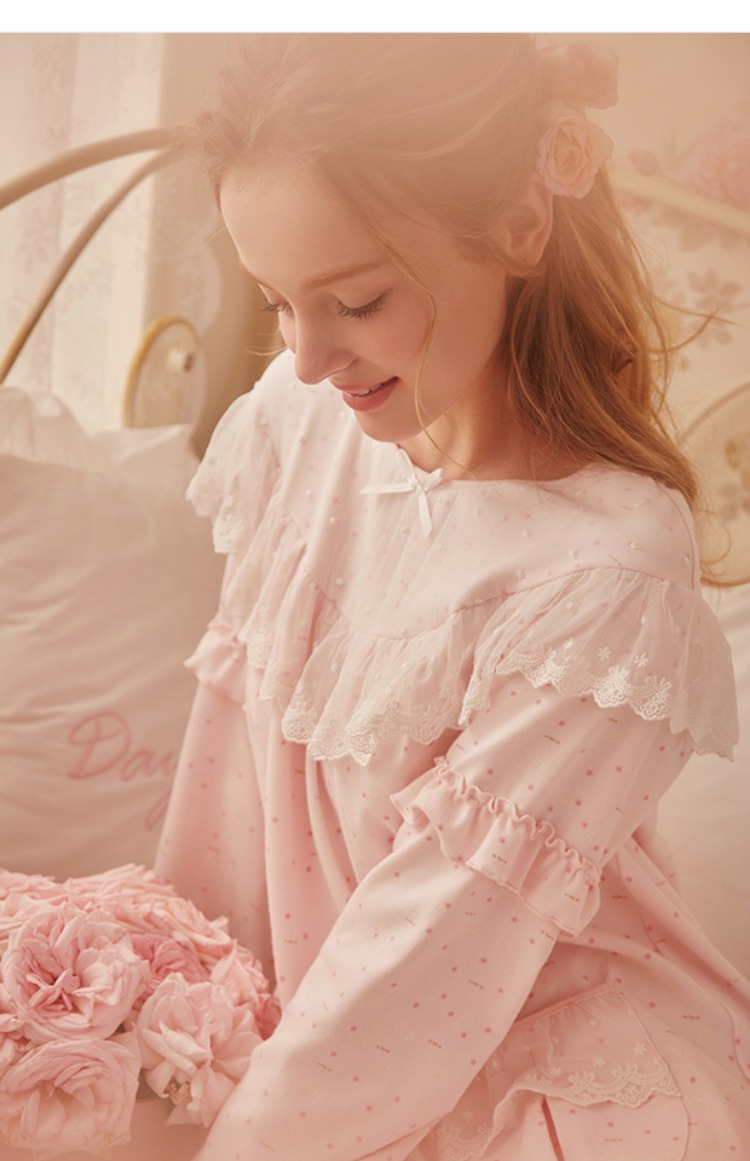ROSETREE Princess Nightdress Women Winter Cotton Dễ thương Dịch vụ tại nhà Mùa thu Phim hoạt hình dài tay Nhật Bản vay cotton