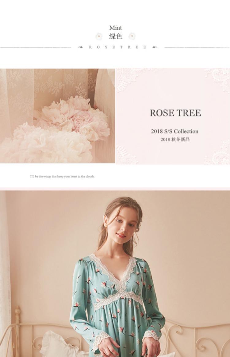 Rosetree công chúa váy ngủ gợi cảm nữ mùa thu dài tòa ren v cổ áo lụa lụa dài tay dịch vụ nhà đầm cho người lớn tuổi