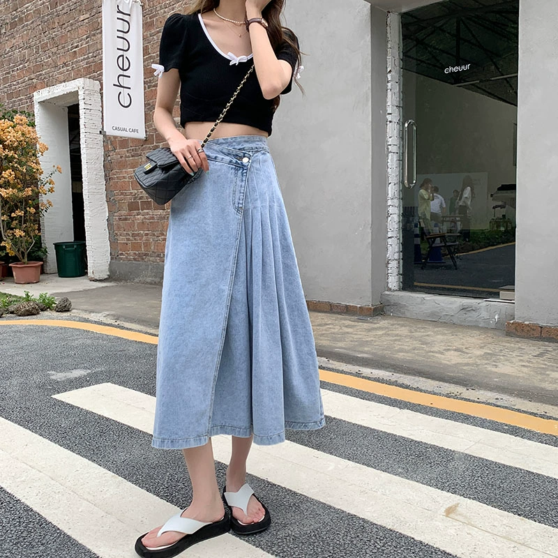 blue denim Skirt Women 2021 Korean style Irregular Long Jeans Skirt High Waist a line Pleated Skirts Long For Womens(78675 denim skirt