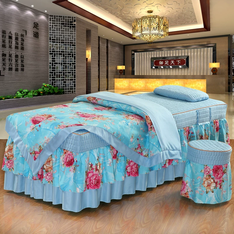 Giải phóng mặt bằng đặc biệt cotton màu in ấn đẹp giường bao gồm bốn bộ cơ thể vật lý trị liệu khử trùng massage giường có thể được tùy chỉnh mẫu ga trải giường spa