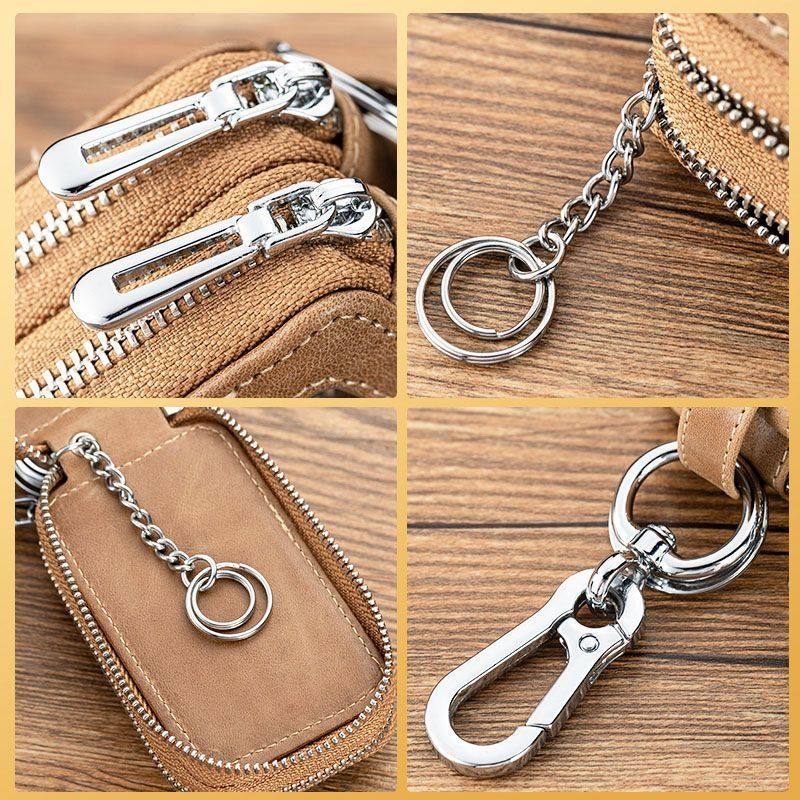 Double-Layer Key Bag, First-Layer Cowhide Texture Key Cosmetics Bag, Genuine Leather Feel, Multi-Functional Zipper Bag, Unisex