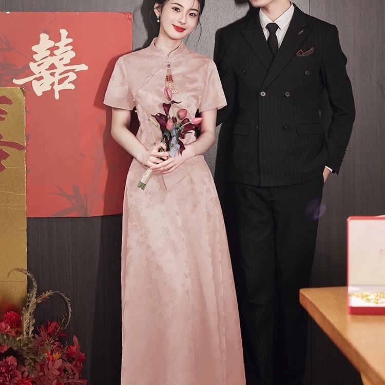 French Londtajoes Pink Engagement Cheongsam Suit Bride Wedding Banquet Dress Skirt Homecoming Casual Outfit