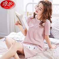Langsha đồ ​​ngủ nữ mùa hè cotton ngắn tay phiên bản Hàn Quốc của sinh viên tươi mát phần mỏng dễ thương váy ngủ nữ mùa hè lỏng lẻo dịch vụ nhà - Đêm đầm váy ngủ dài tay