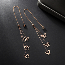 New tide titanium steel ear wire female temperament face thin earrings plated 18K rose gold butterfly long tassel earrings