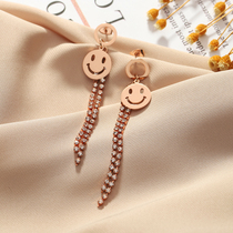 All trendy Titanium rose gold long earrings simple tassel smiley face earrings temperament personality inlaid earrings female