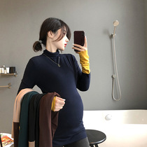 Maternity turtleneck bottoming shirt for autumn and winter womens velvet thickened T-shirt close-fitting long-sleeved top contrasting color bottoming shirt