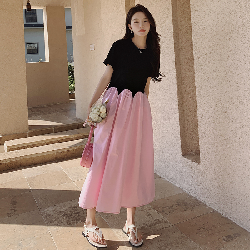 Dopamine French-Style Maternity Dress, Sweet and Fresh Patchwork T-Shirt Dress, Loose Summer Wear for Late Pregnancy