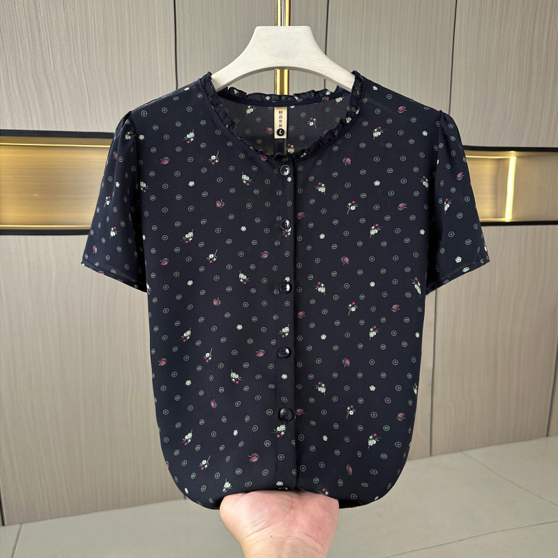 Mother's Clothing with Ruffled Round Neck, Polka Dot Floral Short-Sleeved Shirt, Summer Slimming and Age-Reducing Stylish Women's Top