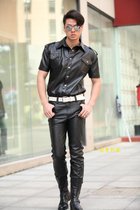 Classic slim mens imported sheepskin short-sleeved leather shirt