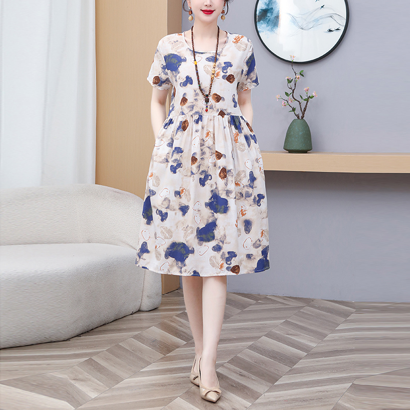 Cotton Silk Dress for Women, Summer Fashion, Slimming, Printed, Elegant, Sweet Floral Pattern, Loose Fit, High-End Quality