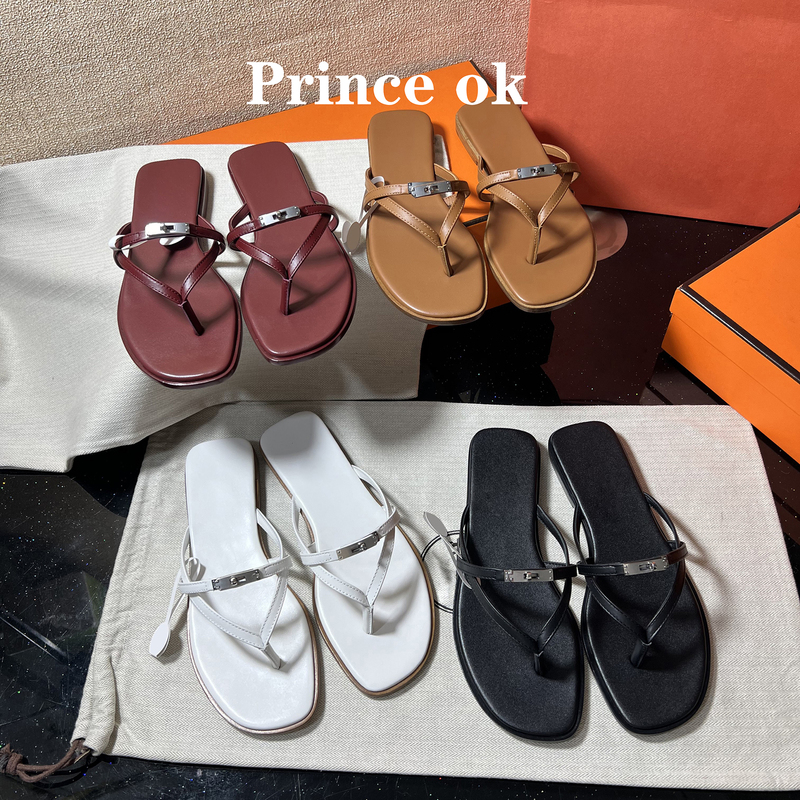 2026 Spring/Summer New Metal Buckle Flip-Flops Women's Flat Genuine Leather Sole Vacation Sandals