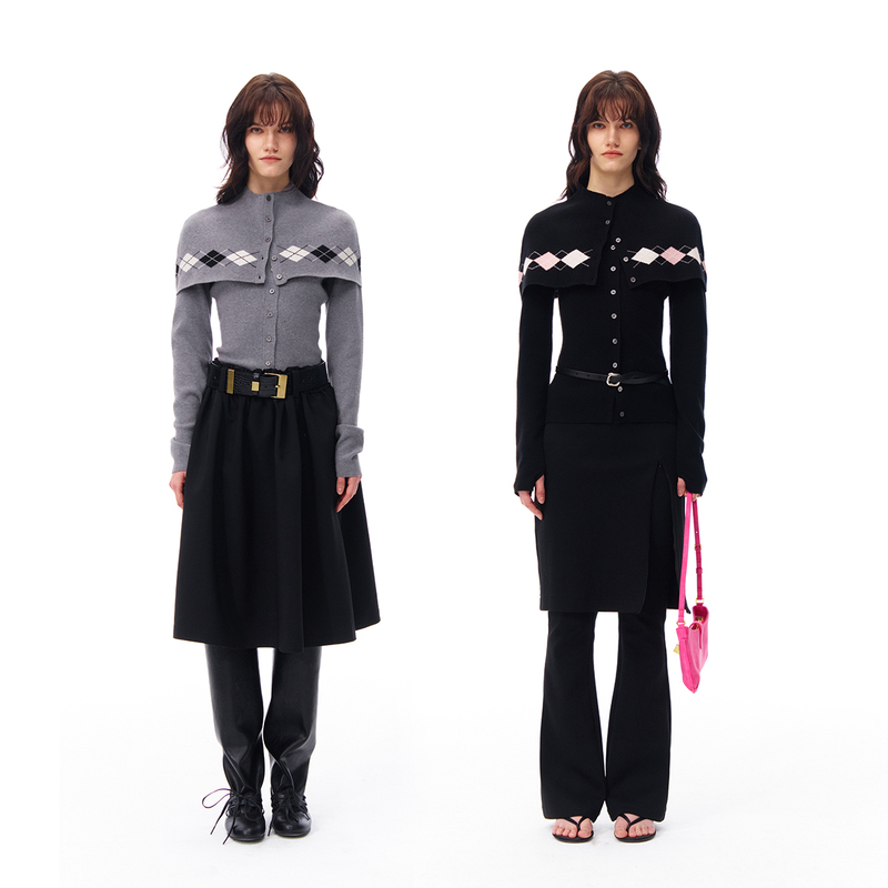 Oyea Diamond-Patterned Shawl, Dual-Wear U-Neck Design, Accentuates Wristline, Slim-Fit, Stretchy Knit Cardigan Sweater
