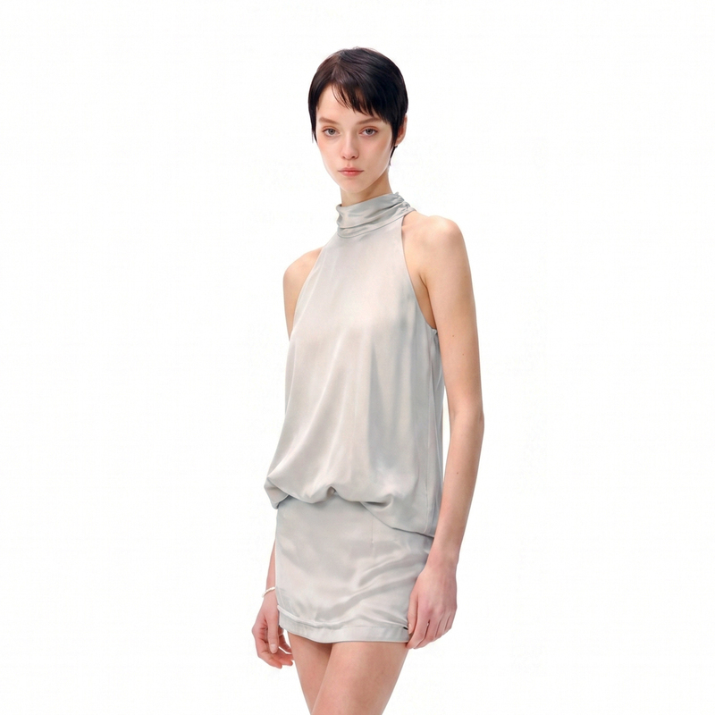 Oyea Copper Ammonia Silk French High-Neck Ribbon Sleeveless Vest Top Convertible Shorts Skirt Set Oyea Copper Ammonia Silk French High-Neck Ribbon Sleeveless Vest Top Convertible Shorts Skirt Set