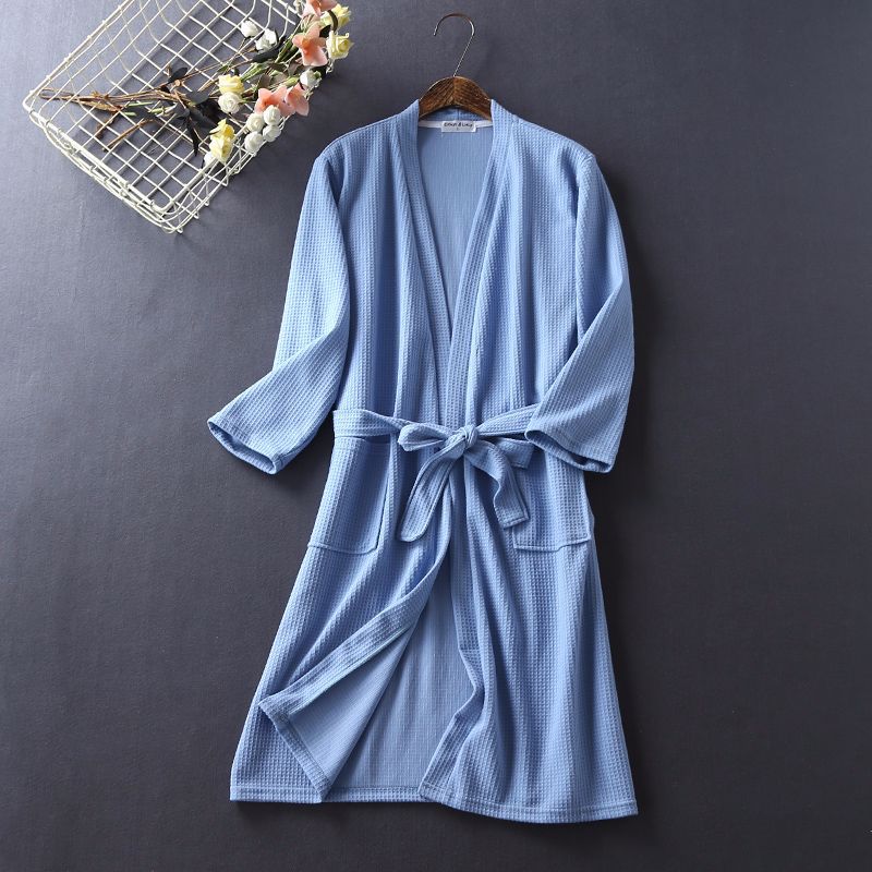 Áo len cotton mùa xuân và mùa hè tay áo chín điểm áo choàng đôi mẫu áo choàng tắm dịch vụ nhà màu rắn bốn màu 12-1 đồ ngủ voan mỏng
