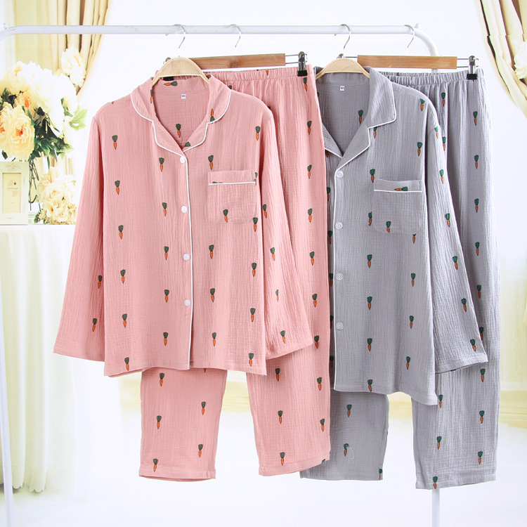 Cotton đôi gạc crepe nam và nữ mẫu đôi quần dài tay đồ ngủ thiết lập mùa xuân và mùa thu nhà dịch vụ 1-2 7-1 bộ quân áo ngủ nam