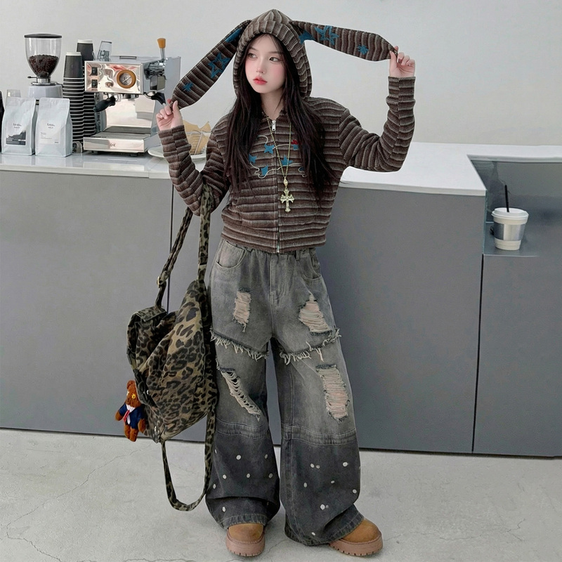 Girls' Korean-Style Striped Hooded Zip-Up Sweatshirt Jacket 2026 Spring and Autumn Ripped Denim Cargo Pants Two-Piece Set