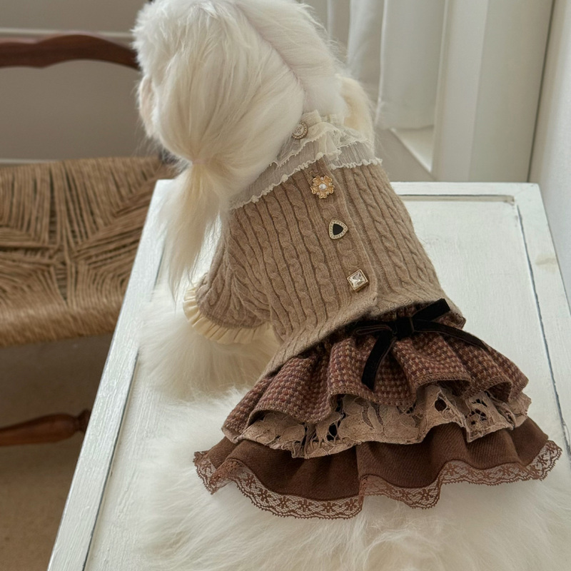 Pet Clothes in the Style of Vintage Chanel, Lace Trim, Small Dog Cable Knit Sweater Coat, Cake Skirt Set Pet Clothes in the Style of Vintage Chanel, Lace Trim, Small Dog Cable Knit Sweater Coat, Cake Skirt Set