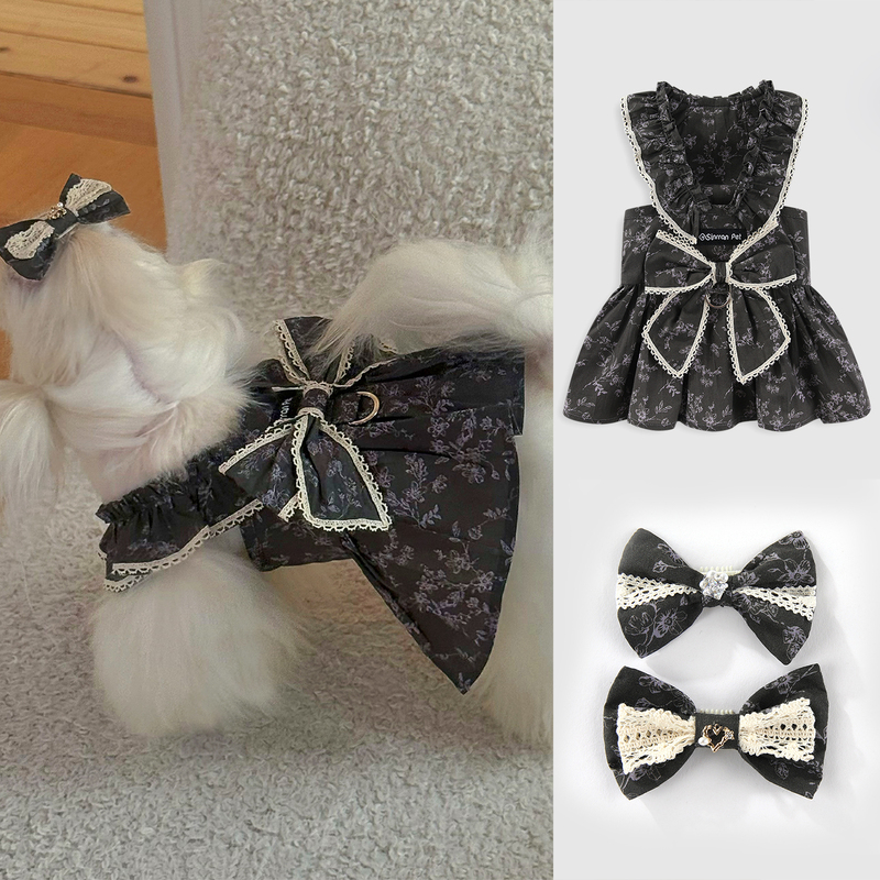 All-Cotton Pet Dog Clothes, Small Dog French Dress with Bow and Rhinestones, Breathable Black Autumn Dress with Leash