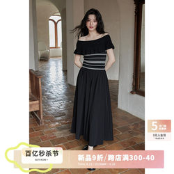 Summer small French design niche one-shoulder black lazy dress for women