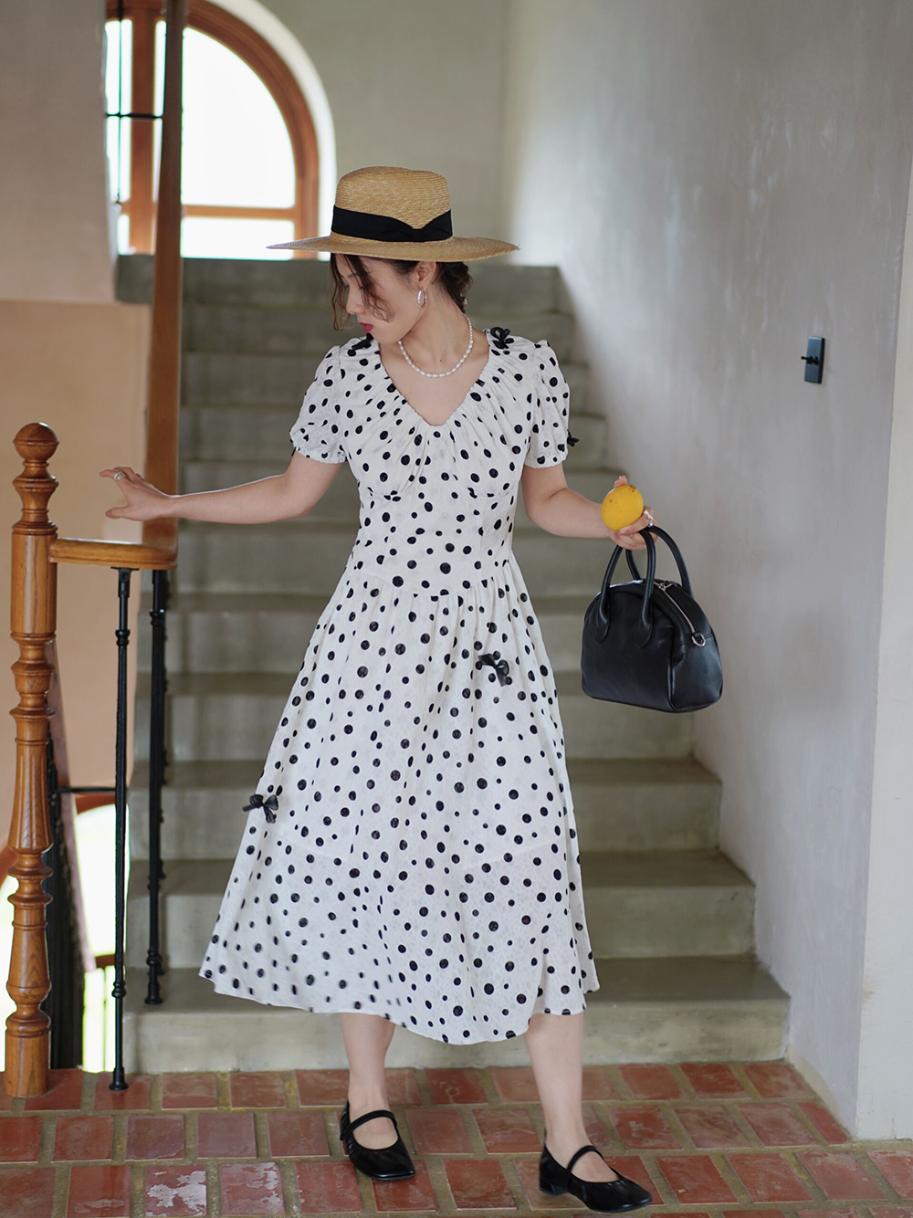 Black and white polka-dot rain imprint French retro salt-shrunk polka-dot  dress bowknot V-neck mid-length dress - Shop Wild Scenery One Piece Dresses  - Pinkoi