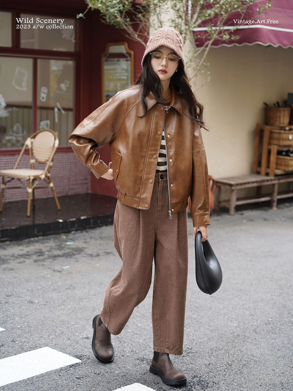 Retro brown leather bomber jacket Maillard style 90S cool literary