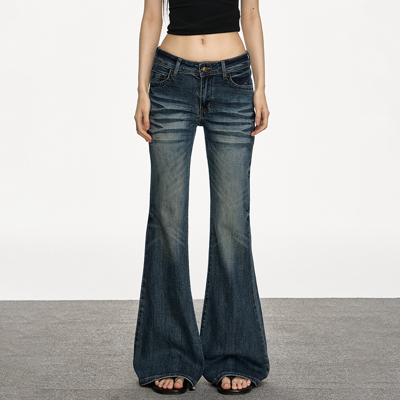 Anna Aneae Low-Waisted Retro Blue Distressed Flared Jeans for Women, New Summer Slim-Fit Height-Enhancing Long Pants