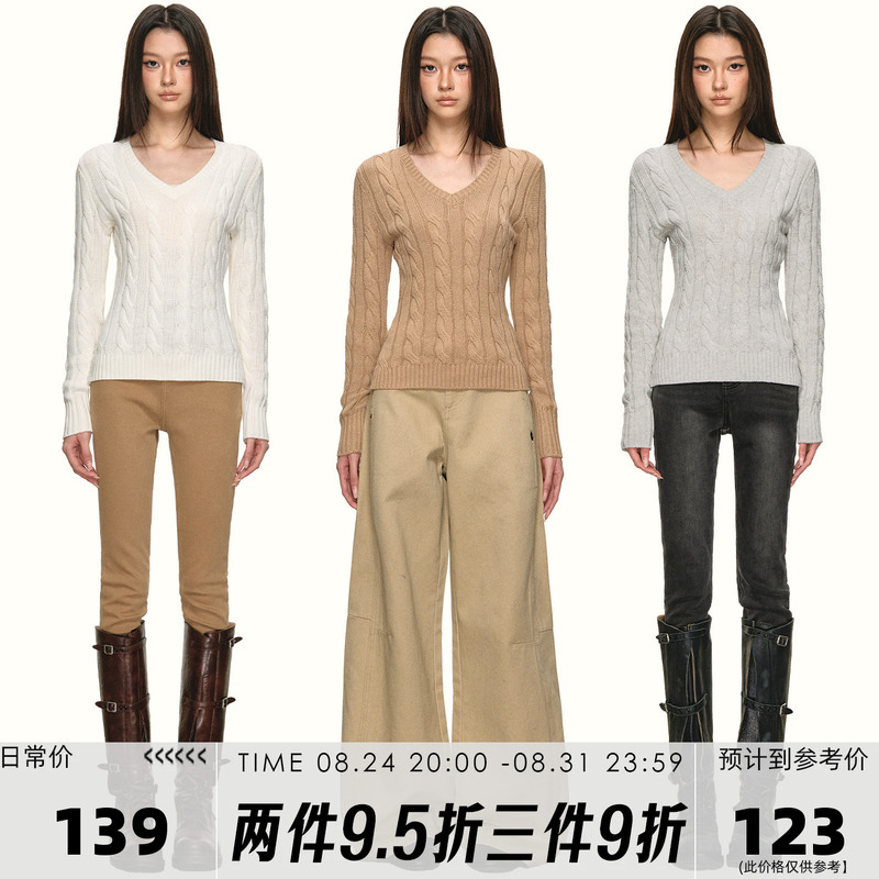 Anna Aneae Waist-Cinching V-Neck Cable Knit Sweater for Women, Autumn and Winter Commuting Warm Sweater, Ribbed Knit Base Shirt