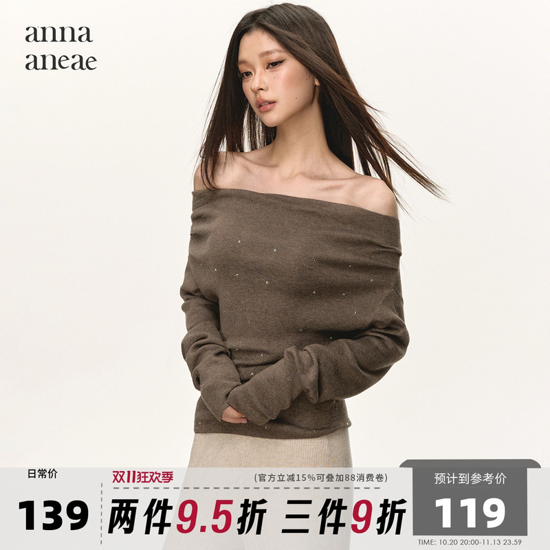 Anna Aneae Wool One-Shoulder Rhinestone-Embellished Knit Sweater Long-Sleeve Spring Pure Desire Off-Shoulder Casual Versatile Top Trendy Anna Aneae Wool One-Shoulder Rhinestone-Embellished Knit Sweater Long-Sleeve Spring Pure Desire Off-Shoulder Casual Versatile Top Trendy