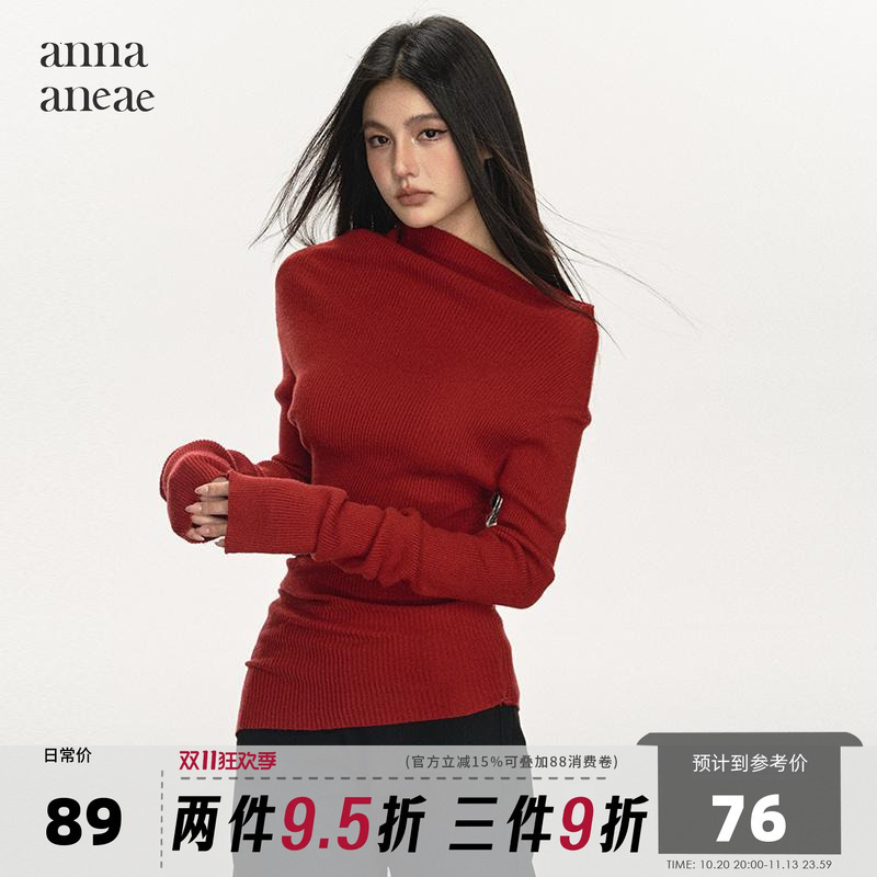 Anna Aneae Red Knit Sweater for Women, Autumn and Winter Off-Shoulder Base Layer, Niche High-Neck Long-Sleeve Casual Sweater, Trendy Anna Aneae Red Knit Sweater for Women, Autumn and Winter Off-Shoulder Base Layer, Niche High-Neck Long-Sleeve Casual Sweater, Trendy