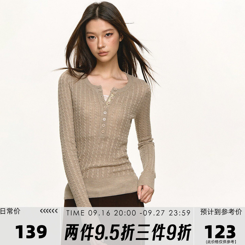 Anna Aneae Retro Cable Knit Henry Collar Base Sweater for Women, Spring Gray Slim-Fit Slimming Knit Top