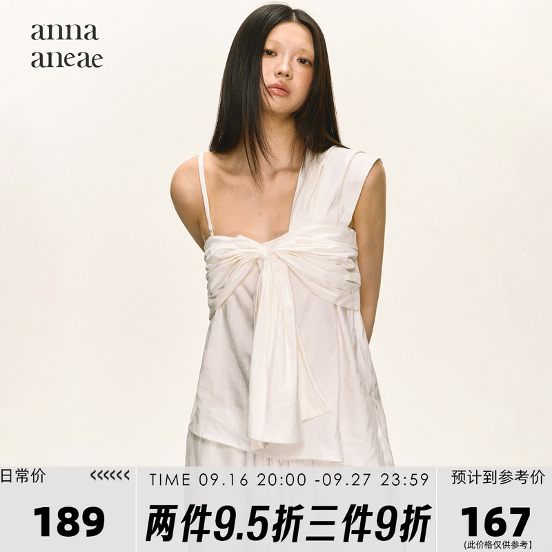 Anna Aneae 55% Linen Camisole for Women, Summer Outerwear with Unique Design, Bow-Knot White Top
