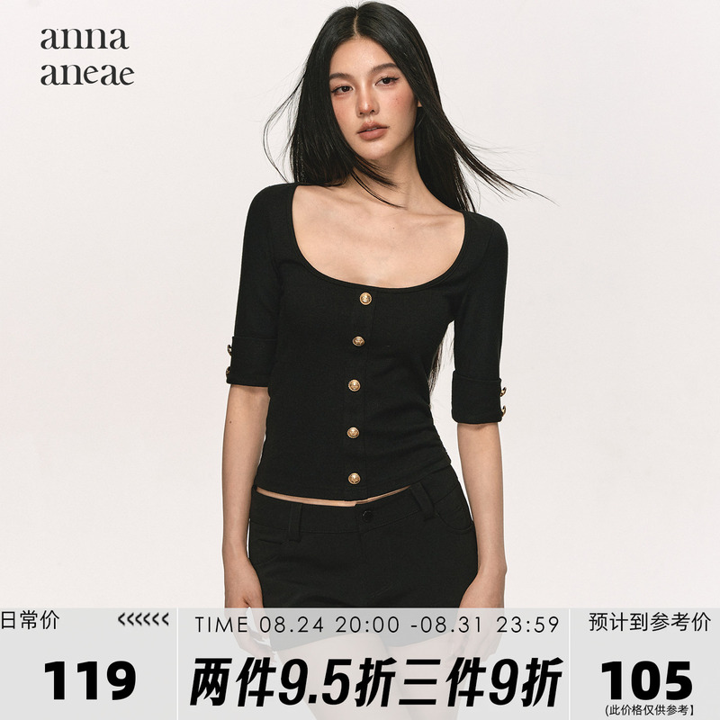 Anna Aneae Large Round Neck Slim Fit Multi-Button Mid-Sleeve T-Shirt for Women, New Summer Style, Slimming and Flattering Top