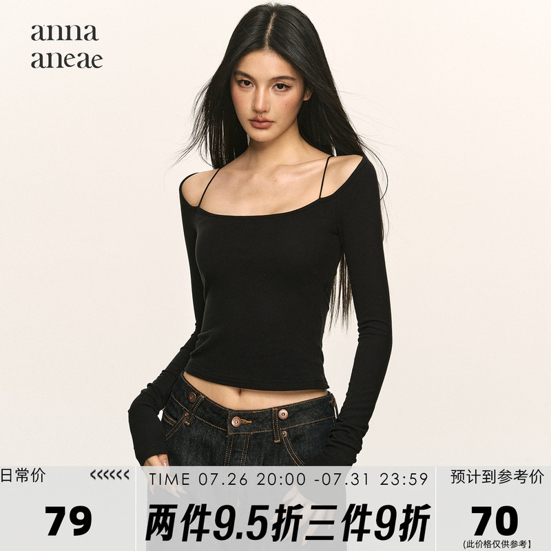 Anna Aneae Camisole Base Shirt Top for Women, Spring Black Spicy Girl Design, Off-Shoulder Short Long-Sleeve T-Shirt