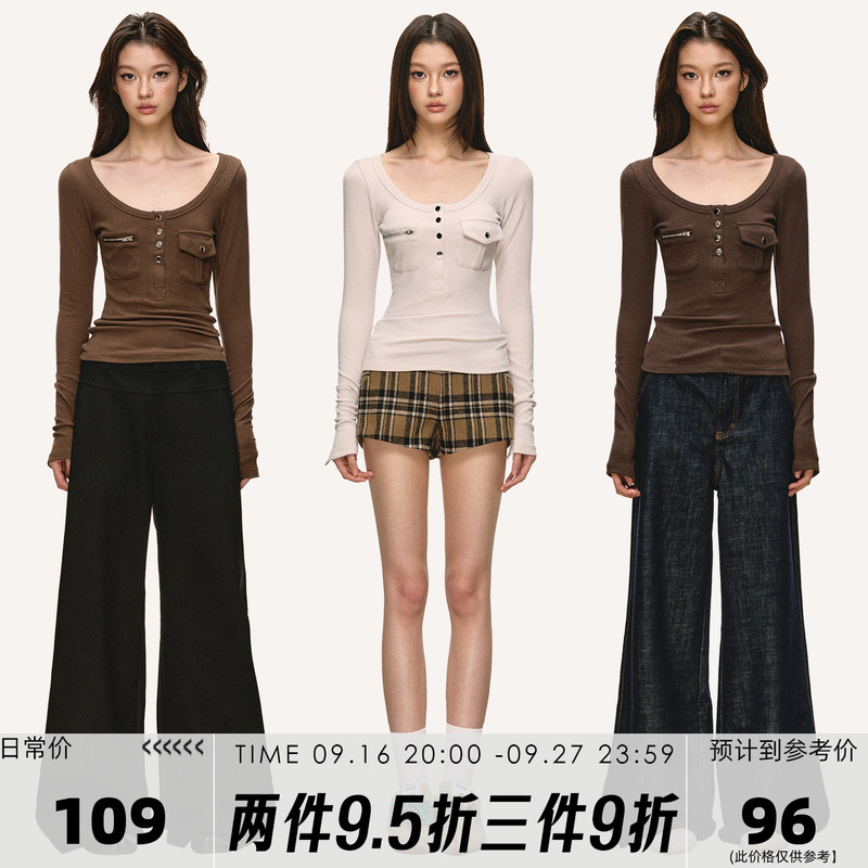 Anna Aneae Rayon Brushed Long-Sleeve T-Shirt for Women, Autumn and Winter, Coffee Color, Pocket Design, Slim-Fit Short Top Anna Aneae Rayon Brushed Long-Sleeve T-Shirt for Women, Autumn and Winter, Coffee Color, Pocket Design, Slim-Fit Short Top