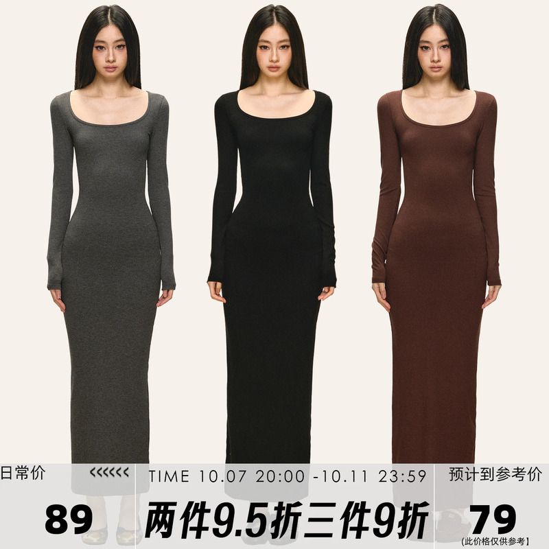 Anna Aneae Knitted Long-Sleeved Dress for Women, Autumn and Winter Inner Layer, Gray Slim-Fitting Hip-Hugging Skirt, A-Line Long Skirt