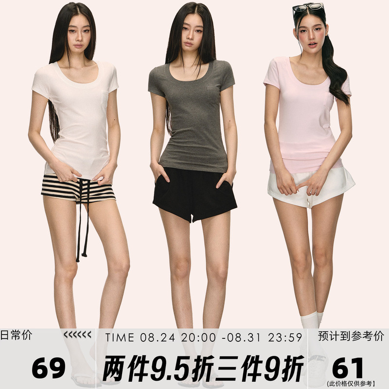 Anna Aneae Versatile Large U-Neck Short-Sleeve T-Shirt for Women, Summer Slim-Fit, Stretchy, Can Be Worn as an Inner Layer or Outerwear, Casual Top