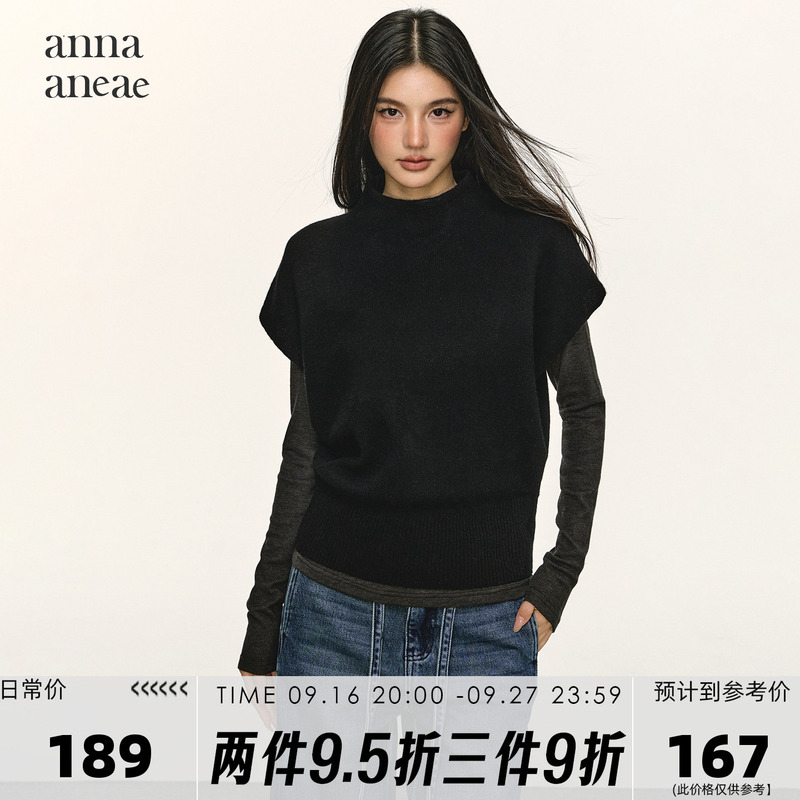 Anna Aneae High-Neck Layered Chic Short-Sleeve Vest 100% Wool Half-High Collar Casual Knit Top for Women New Anna Aneae High-Neck Layered Chic Short-Sleeve Vest 100% Wool Half-High Collar Casual Knit Top for Women New