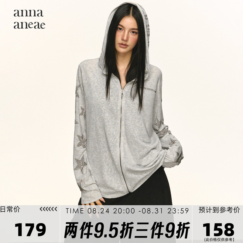 Anna Aneae Modal Cotton Rhinestone Star Logo Hooded Cardigan for Women, Summer Loose American Style Thin Sunscreen Sweatshirt
