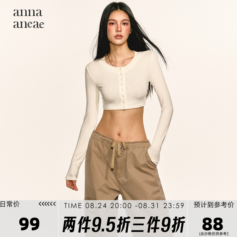 Anna Aneae White Button-Up Short Crop Top for Women, Autumn Slim-Fit Long-Sleeve Base Shirt, Trendy