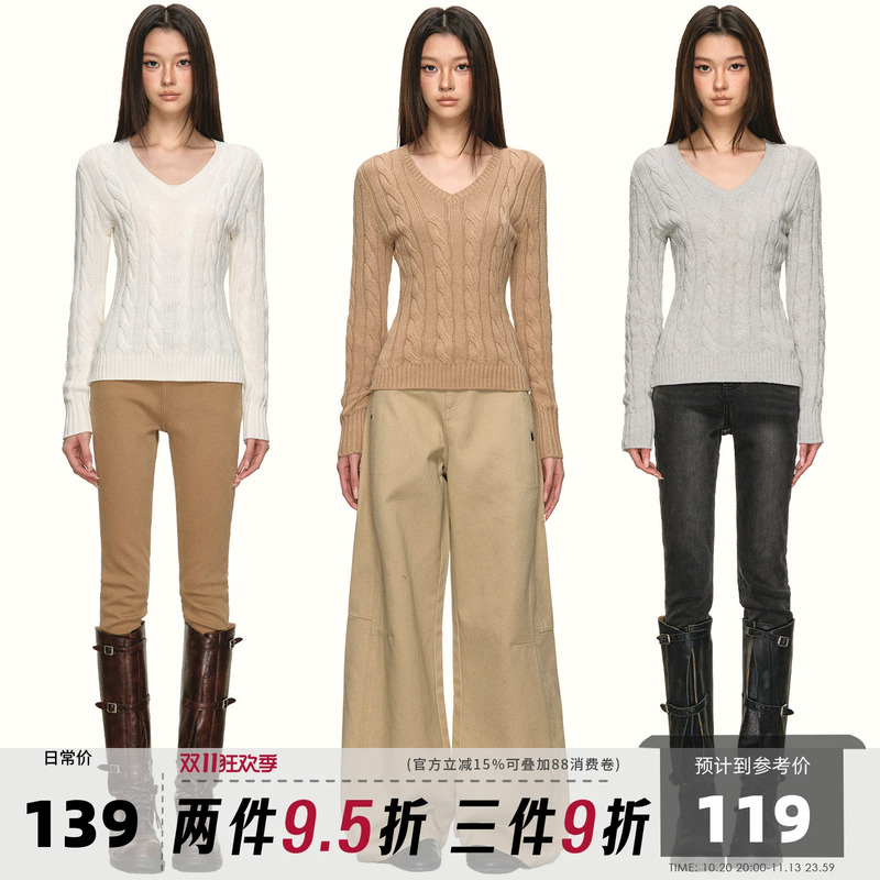 Anna Aneae Waist-Cinching V-Neck Cable Knit Sweater for Women, Autumn and Winter Commuting Warm Sweater, Ribbed Knit Base Shirt